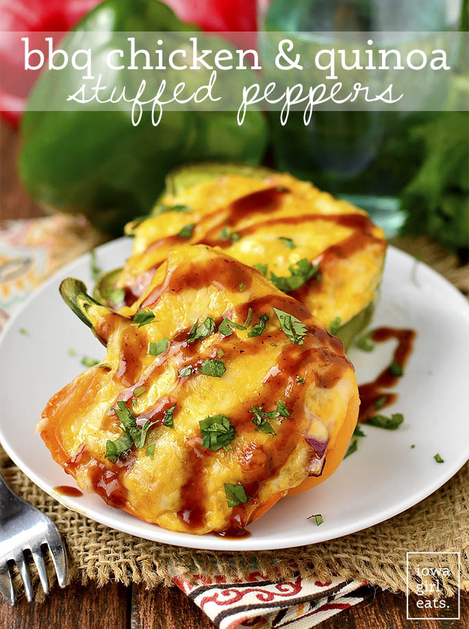 BBQ Chicken Quinoa Stuffed Peppers are full of flavor yet light and healthy. This gluten-free dinner recipe couldn't be more delicious! | iowagirleats.com