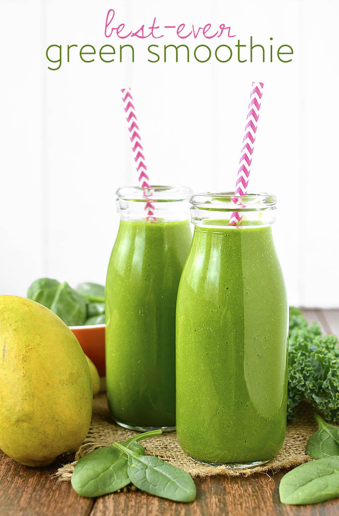 4-ingredient Best-Ever Green Smoothie is gluten, dairy, and banana-free, and is the best-tasting green smoothie EVER! If you don't want to eat your dark leafy greens - drink them! | iowagirleats.com