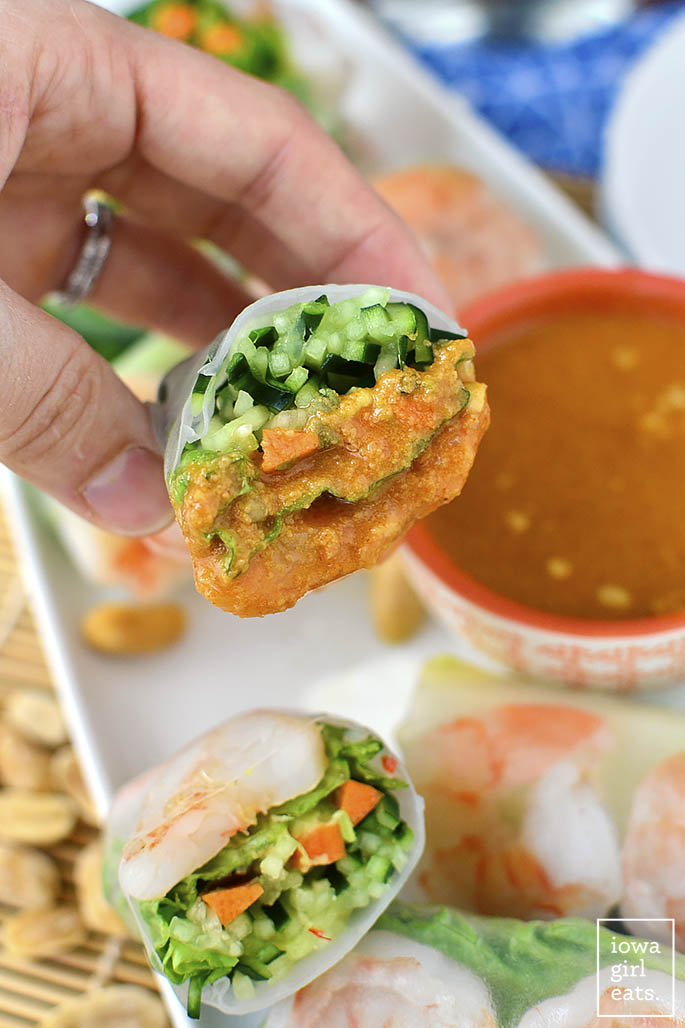 Fresh Summer Rolls with Spicy Peanut Dipping Sauce are light, crunchy, and healthy, and paired with a craveable yet easy dipping sauce! | iowagirleats.com