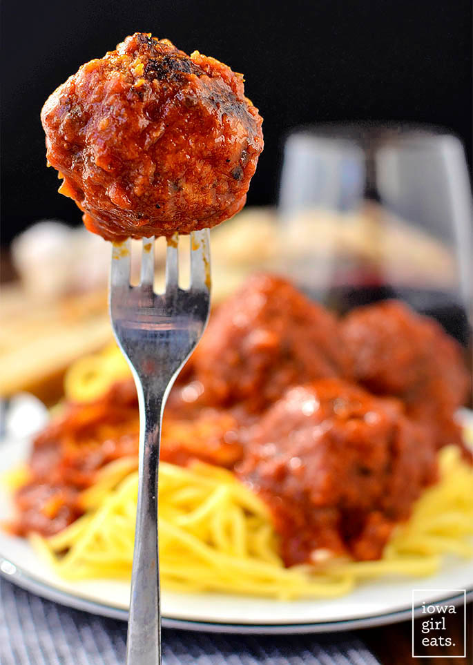 a fork spearing a gluten free meatball