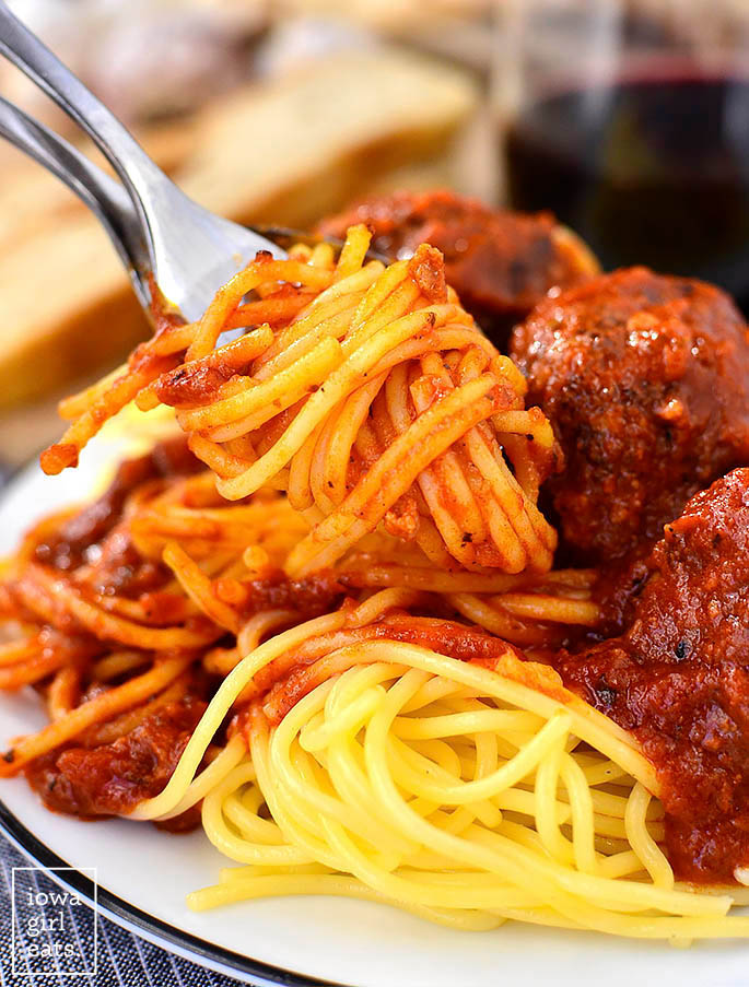 fork twirling gluten free spaghetti and meatballs