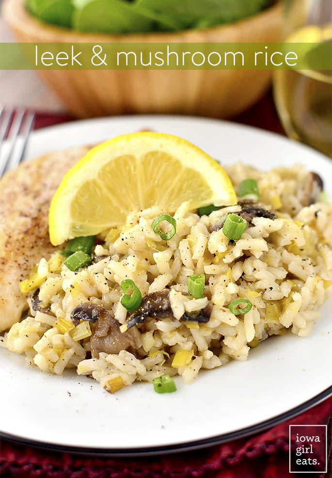 Leek and Mushroom Rice is the perfect light and healthy, gluten-free side dish. Serve with chicken or fish and dinner's done! | iowagirleats.com
