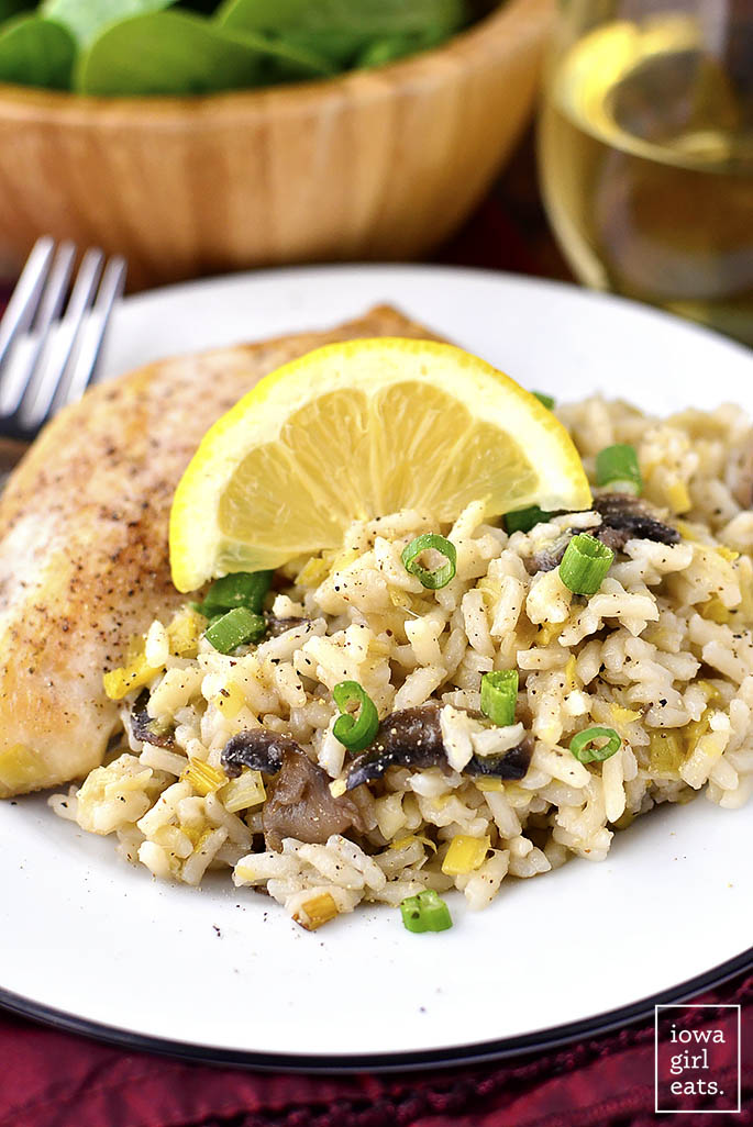 Leek and Mushroom Rice is the perfect light and healthy, gluten-free side dish. Serve with chicken or fish and dinner's done! | iowagirleats.com