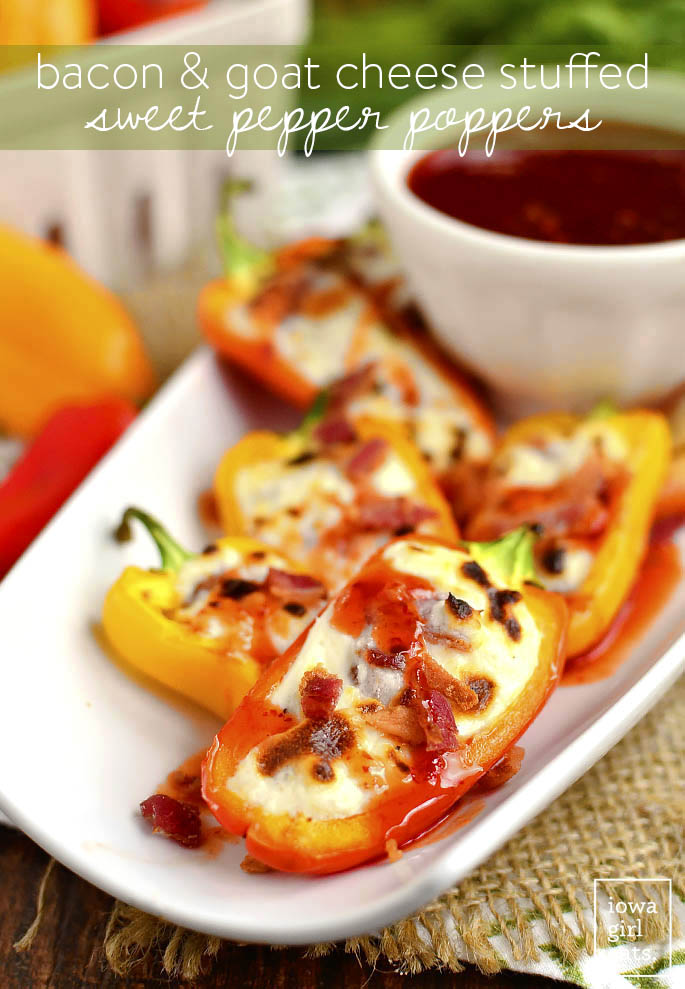 Bacon and Goat Cheese Stuffed Sweet Pepper Poppers are an addicting, 20 minute gluten-free appetizer recipe. Perfect for parties, patios and get-togethers! | iowagirleats.com