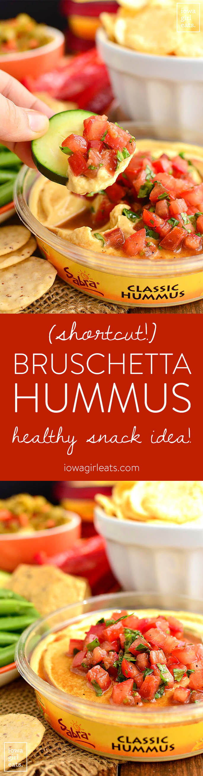 Shortcut Bruschetta Hummus is a quick and easy way to jazz up store-bought hummus. This fresh and healthy snack is absolutely delicious! | iowagirleats.com