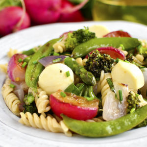 Pasta with Roasted Spring Vegetables and Marinated Mozzarella