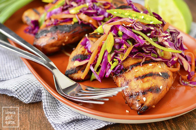Asian Grilled Chicken with Snap Pea Slaw is a healthy, gluten-free grilling recipe full of crunch and flavor! | iowagirleats.com