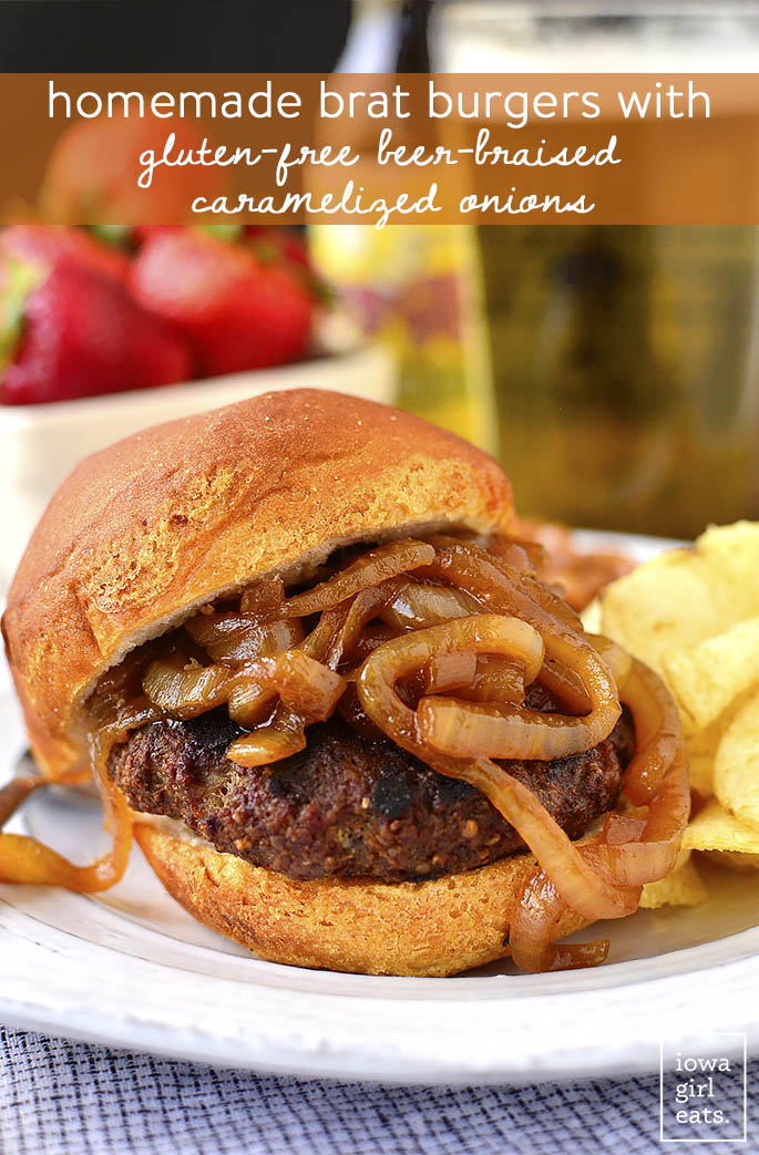 Homemade Brat Burgers with Gluten-Free Beer-Braised Caramelized Onions is homemade brat mixture (just pork and spices,) topped with luscious, gluten-free beer-spiked onions. You'll be making this grilling recipe all summer long! | iowagirleats.com