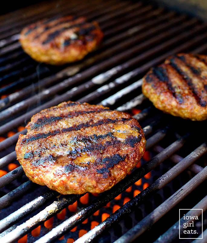 homemade brat burgers on the grill