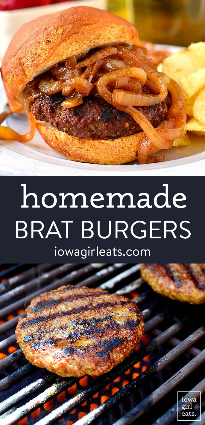 Photo collage of homemade brat burgers