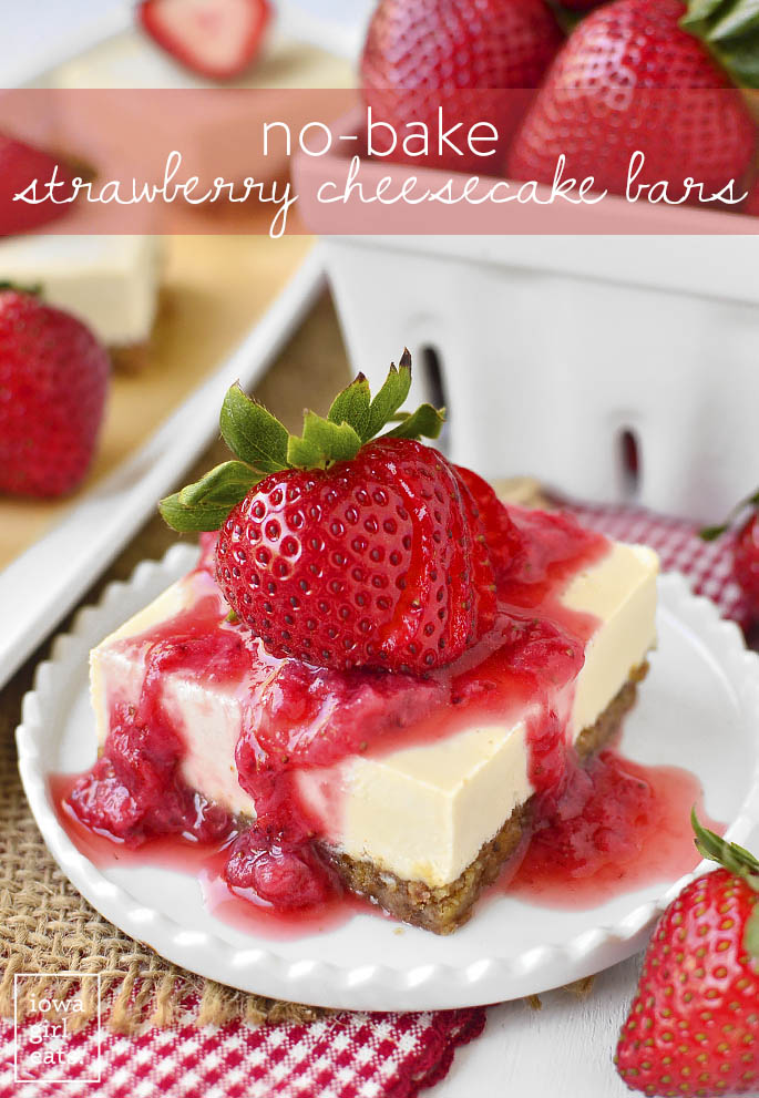 No-Bake Strawberry Cheesecake Bars are incredibly decadent yet perfect for a less-guilt sweet treat. Gluten-free and vegan, too! | iowagirleats.com
