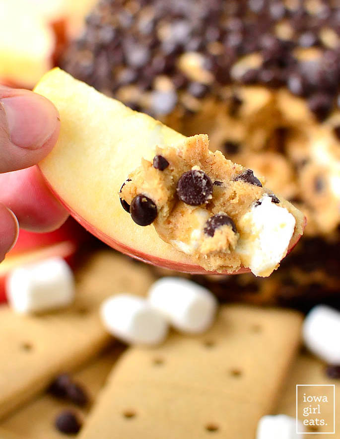 apple wedge dipped into s'mores cheesecake ball