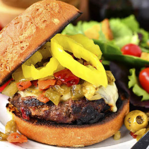 Chicago-Style Italian Burgers are a zesty, gluten-free grilling recipe packed with savory flavor. Grill indoors or out then top with melty cheese and tangy pickled peppers. | iowagirleats.com