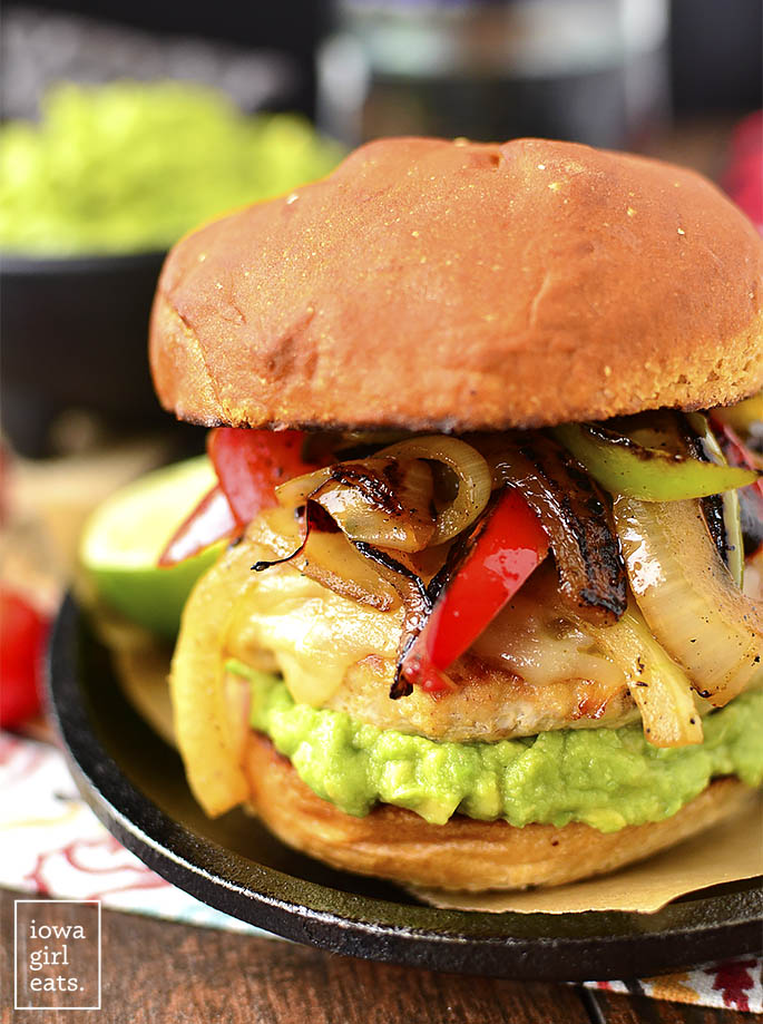 Chicken Fajita Cheeseburgers are a festive and fun gluten-free dinner recipe! Grill outdoors or in a skillet indoors. | iowagirleats.com