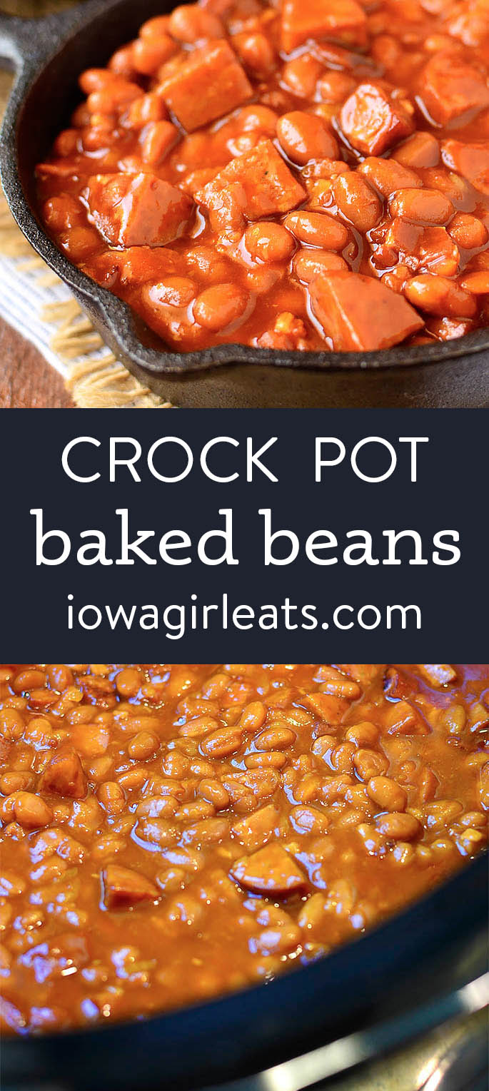 Photo collage of crock pot baked beans