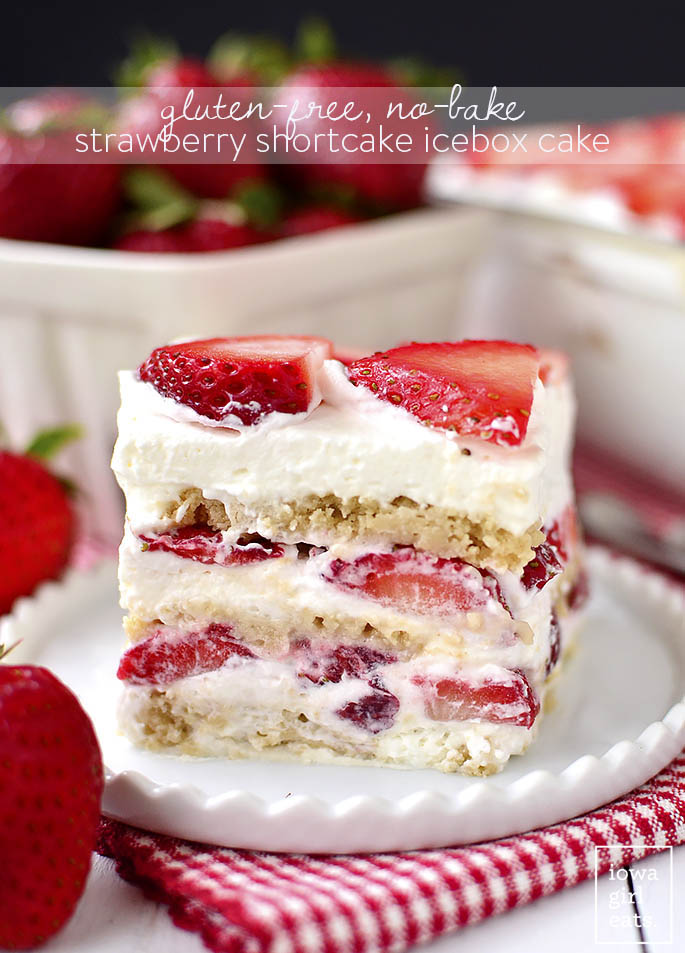 Gluten-Free No-Bake Strawberry Shortcake Icebox Cake is a perfectly sweet, gluten-free summer dessert recipe. Just 5 ingredients and make-ahead, too! | iowagirleats.com