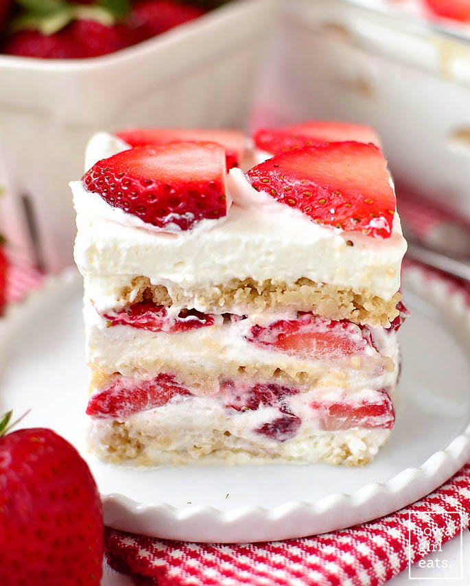 Close up Photo of Strawberry Shortcake Icebox Cake on a plate