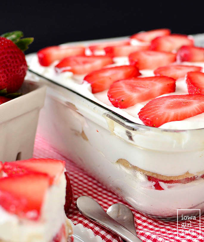 A pan of Strawberry Shortcake Icebox Cake waiting to be cut into