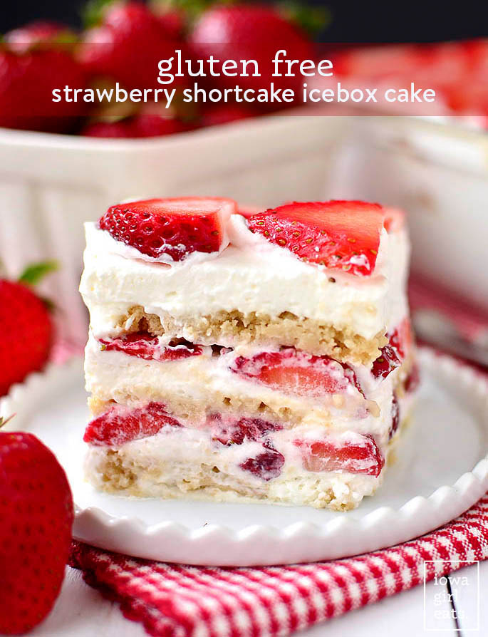 Piece of strawberry shortcake icebox cake on a plate