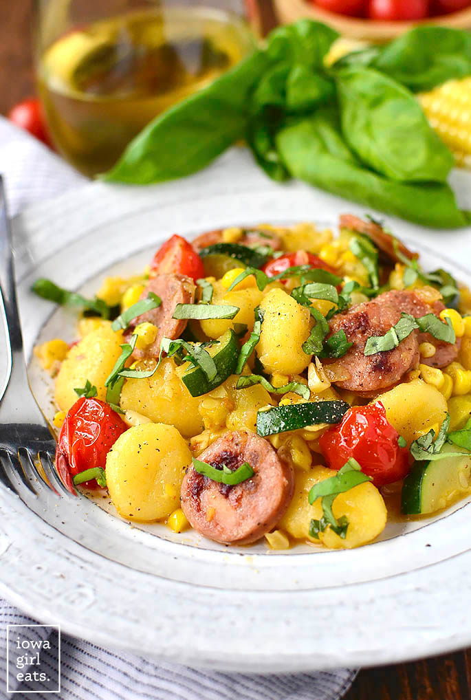 gnocchi and vegetable skillet on a plate