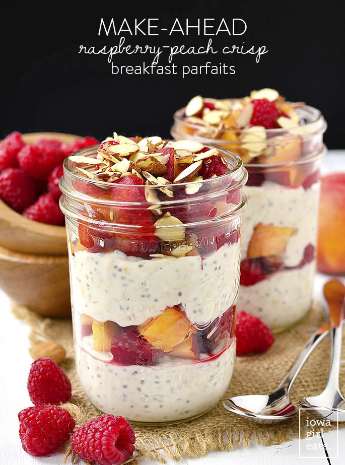 Make-Ahead Raspberry-Peach Crisp Breakfast Parfaits are gluten-free, fresh and filling. Assemble at night then grab and go for a quick and healthy breakfast in the morning. | iowagirleats.com
