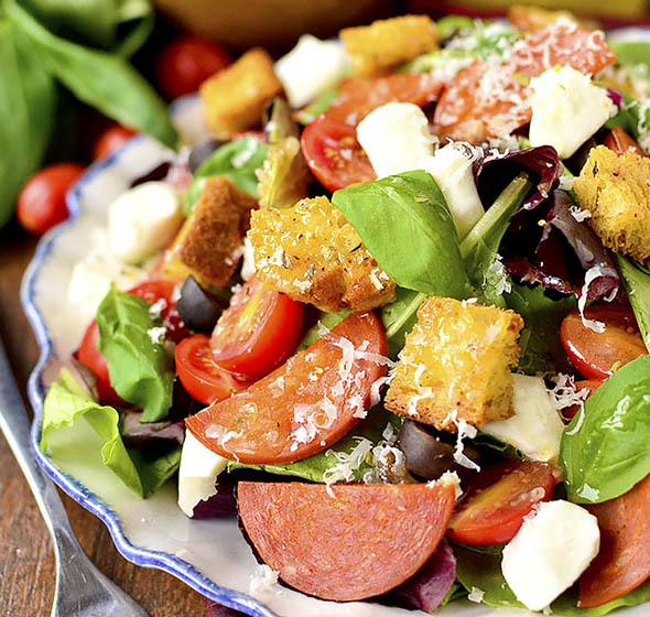 Pizza Salad with Homemade Gluten-Free Croutons