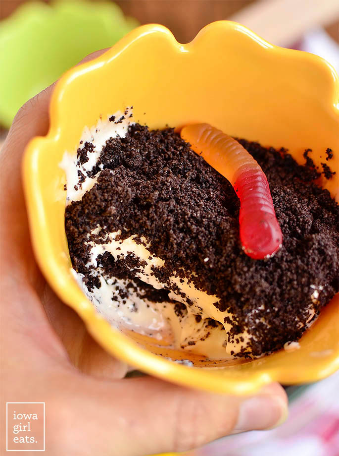 scoop of gluten free dairy free dirt cake in a cup