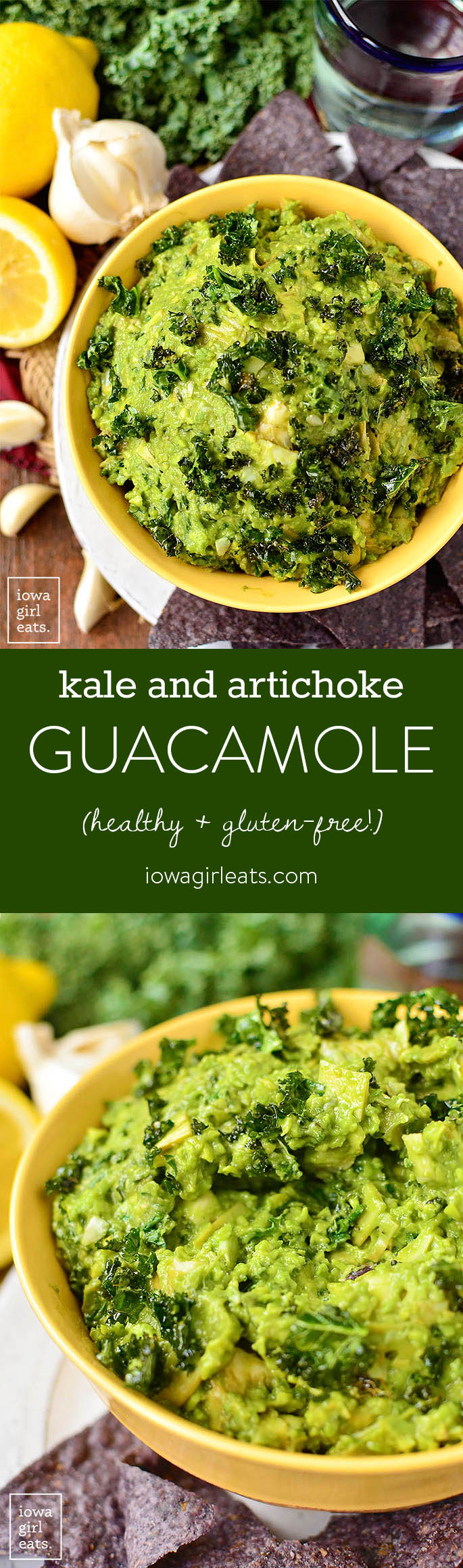 Kale and Artichoke Guacamole is full of superfoods like kale and avocado. A healthy, gluten-free, vegan dip recipe for any occasion! | iowagirleats.com