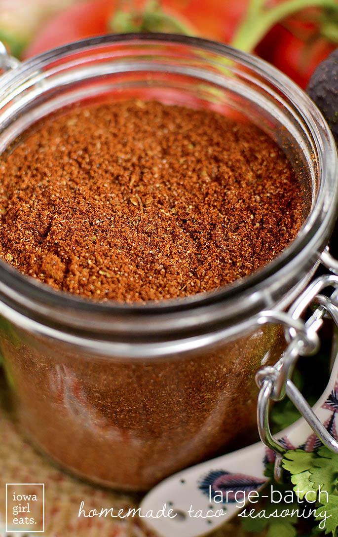 Large Batch Homemade Taco Seasoning is a cinch to prepare and ready when you are for taco night! Full of spice cupboard staples and free from gluten, artificial flavors, and ingredients. | iowagirleats.com
