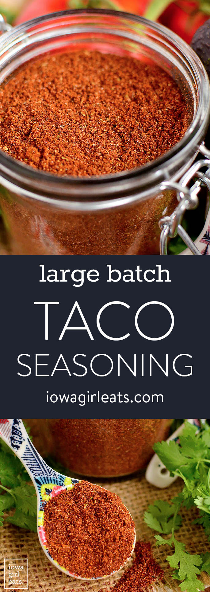 Photo collage of homemade large batch taco seasoning