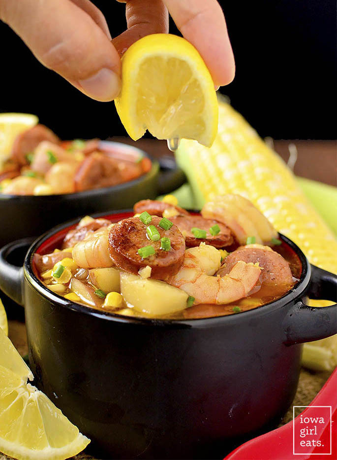 Shrimp Boil Soup has all the flavor of a low-country boil but is made right on the stove top. This quick cooking, gluten-free soup recipe is spicy, savory, and so satisfying. | iowagirleats.com
