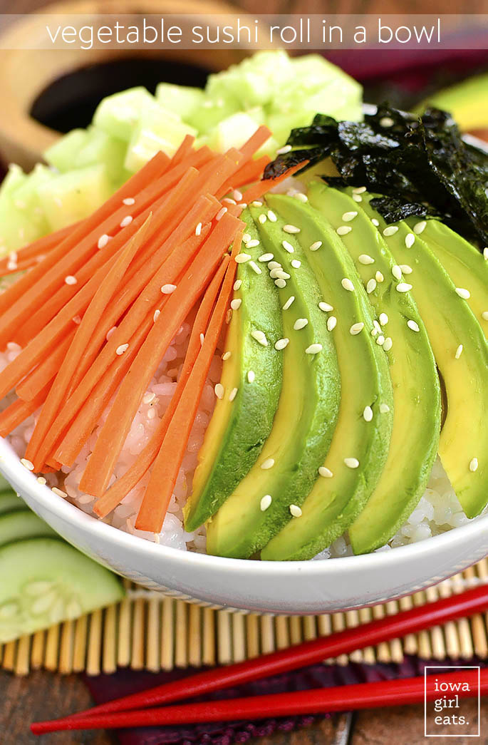 Vegetable Sushi Roll in a Bowl is a quick, healthy, gluten-free recipes that tastes just like a vegetable sushi roll, without all the work! | iowagirleats.com