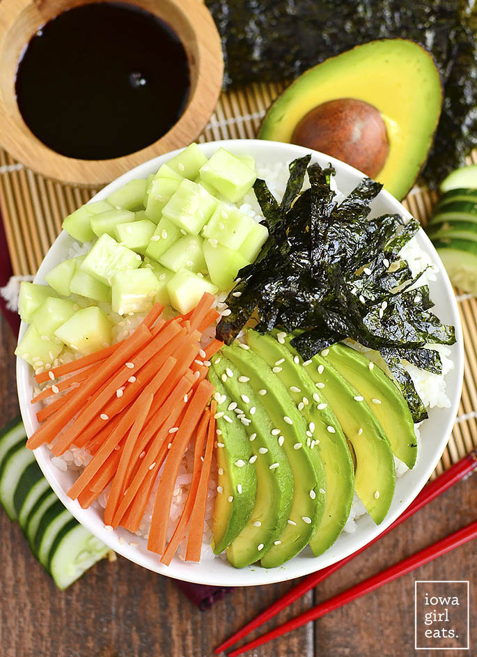 Vegetable Sushi Roll in a Bowl is a quick, healthy, gluten-free recipes that tastes just like a vegetable sushi roll, without all the work! | iowagirleats.com