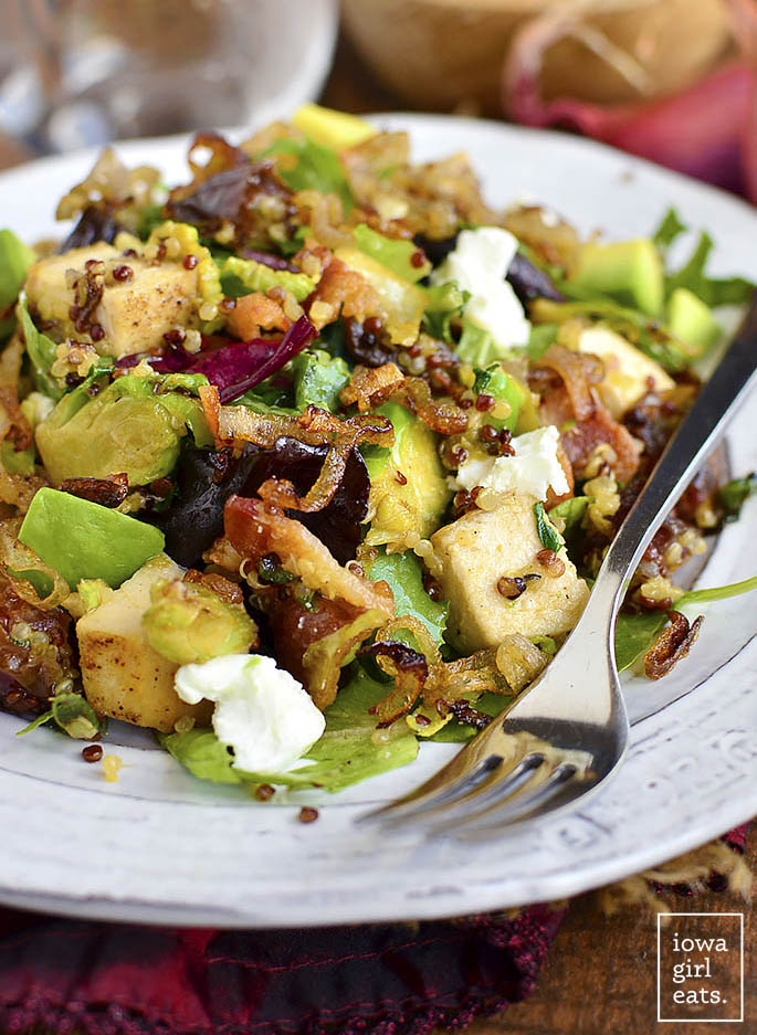 Chicken, Bacon, Date, and Brussels Sprouts Quinoa Power Salad is filled with flavor and protein-packed ingredients to power you through your day. The combination of flavors will leave you wanting more and more! #glutenfree | iowagirleats.com