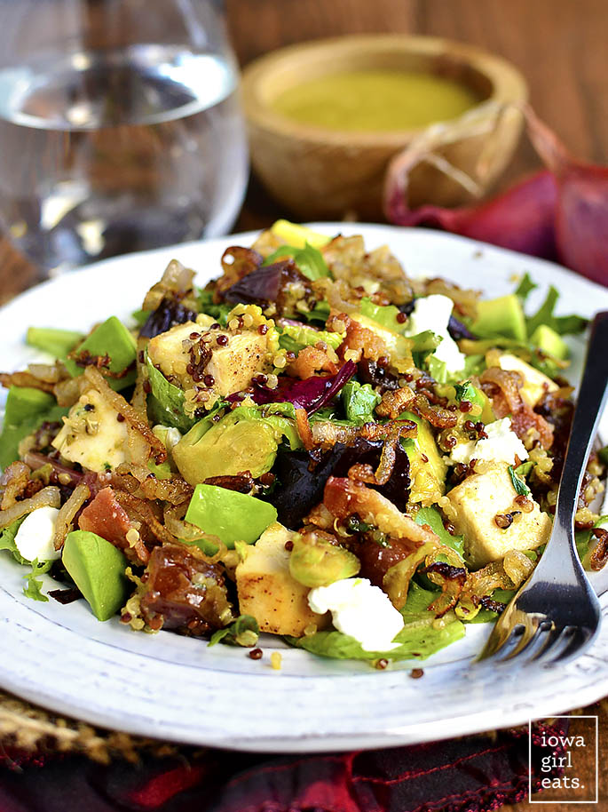 Chicken, Bacon, Date, and Brussels Sprouts Quinoa Power Salad is filled with flavor and protein-packed ingredients to power you through your day. The combination of flavors will leave you wanting more and more! #glutenfree | iowagirleats.com