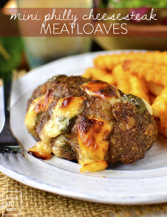 Mini Philly Cheesesteak Meatloaves are a fun and gluten-free dinner recipe that both kids and adults will love! | iowagirleats.com