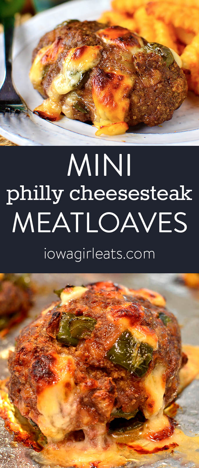 Photo collage of philly cheesesteak meatloaves