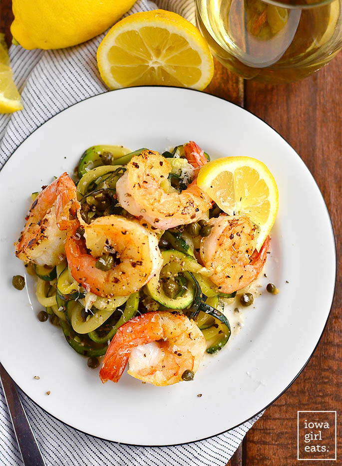 skinny shrimp piccata with zoodles on a plate