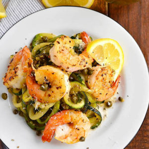 skinny shrimp piccata with zoodles on a plate