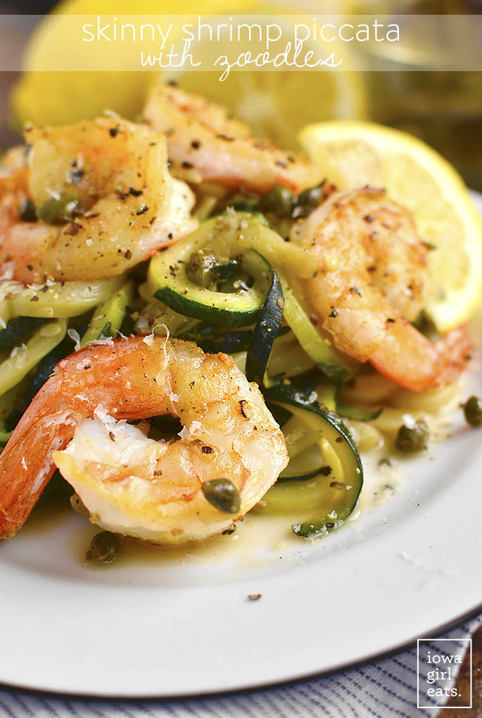 Skinny Shrimp Piccata with Zoodles is low-carb, gluten-free, and cooks in under 20 minutes in just one skillet. Fresh, light, and delicious! | iowagirleats.com