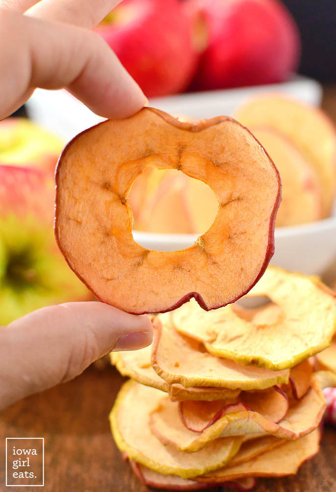 hand holding a baked apple chip