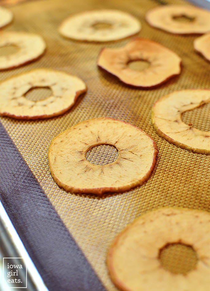Baked Apple Chips are a healthy snack recipe that will satisfy your craving for something sweet and crunchy. Just slice, bake, and eat! | iowagirleats.com