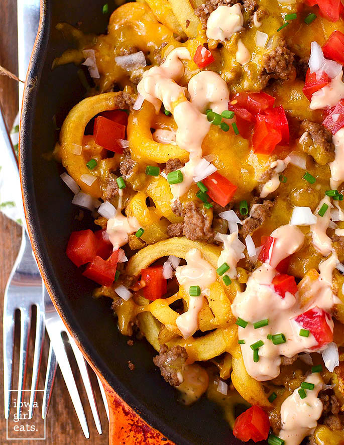 overhead photo fo crock pot cheeseburger french fries in a skillet