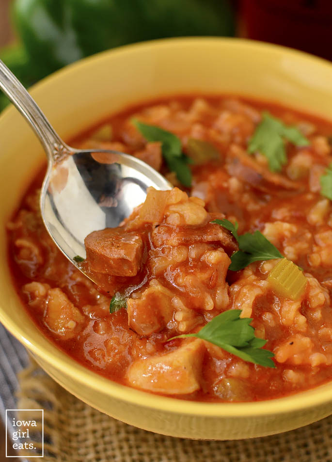 Jambalaya Soup is an easy and soul-satisfying gluten-free soup recipe. Slightly thick and perfectly spicy, it's a delicious taste of the south! | iowagirleats.com
