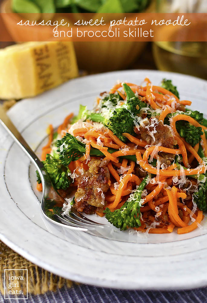 Sausage, Sweet Potato Noodles and Broccoli Skillet is a quick and nutritious gluten-free dinner recipe that's cooked in one skillet and in under 30 minutes! | iowagirleats.com