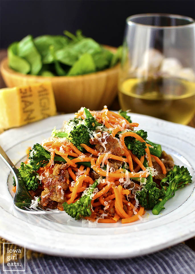 Sausage, Sweet Potato Noodles and Broccoli Skillet is a quick and nutritious gluten-free dinner recipe that's cooked in one skillet and in under 30 minutes! | iowagirleats.com