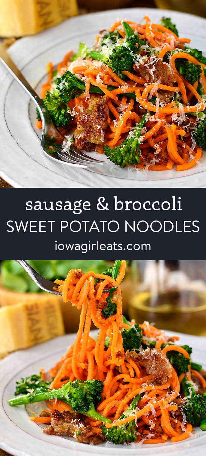 Photo collage of sausage and broccoli sweet potato noodles