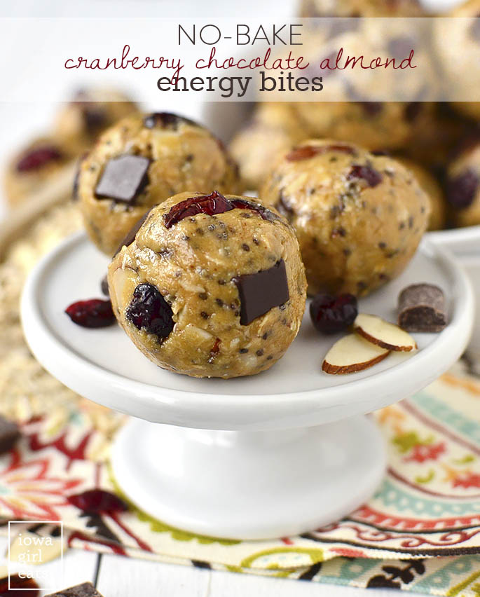 No-Bake Cranberry Chocolate Almond Energy Bites taste like chewy cookie dough and provide a burst of energy whenever you need it. Make a double batch to stock the freezer with! | iowagirleats.com