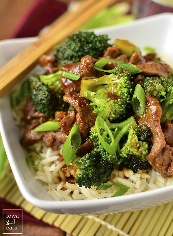 Never order Broccoli Beef takeout again! My copycat, gluten-free Beef Broccoli is easy to whip up and much, much lower in fat and sugar than a restaurant's. | iowagirleats.com