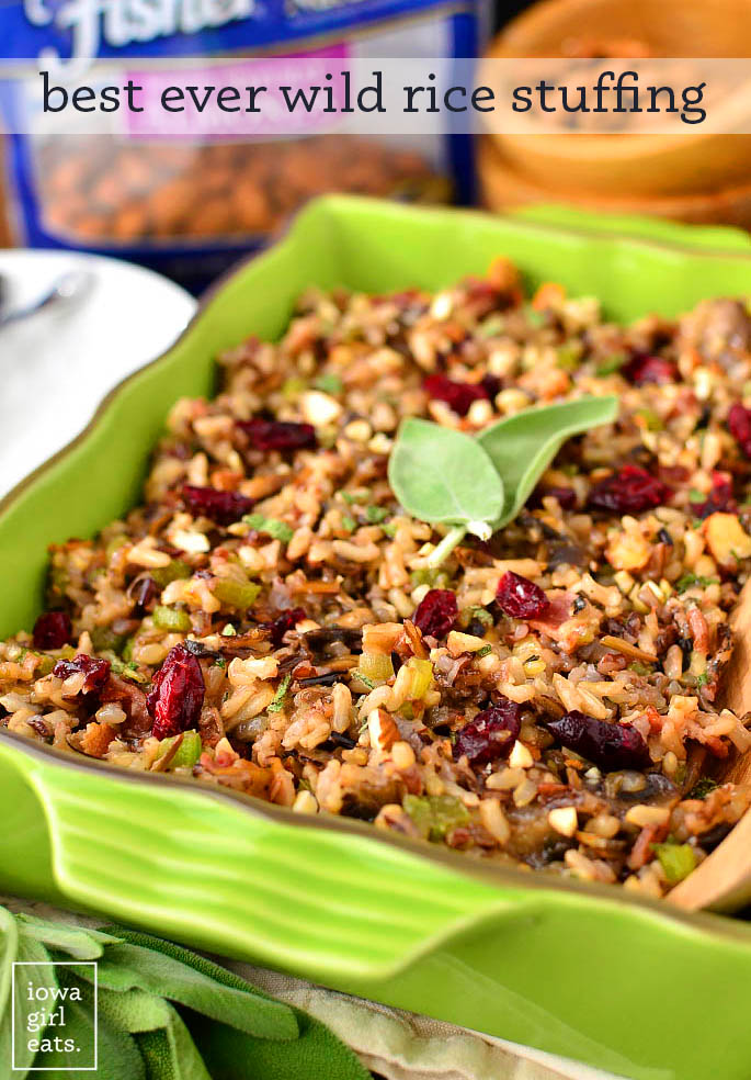 wild rice stuffing in a baking dish